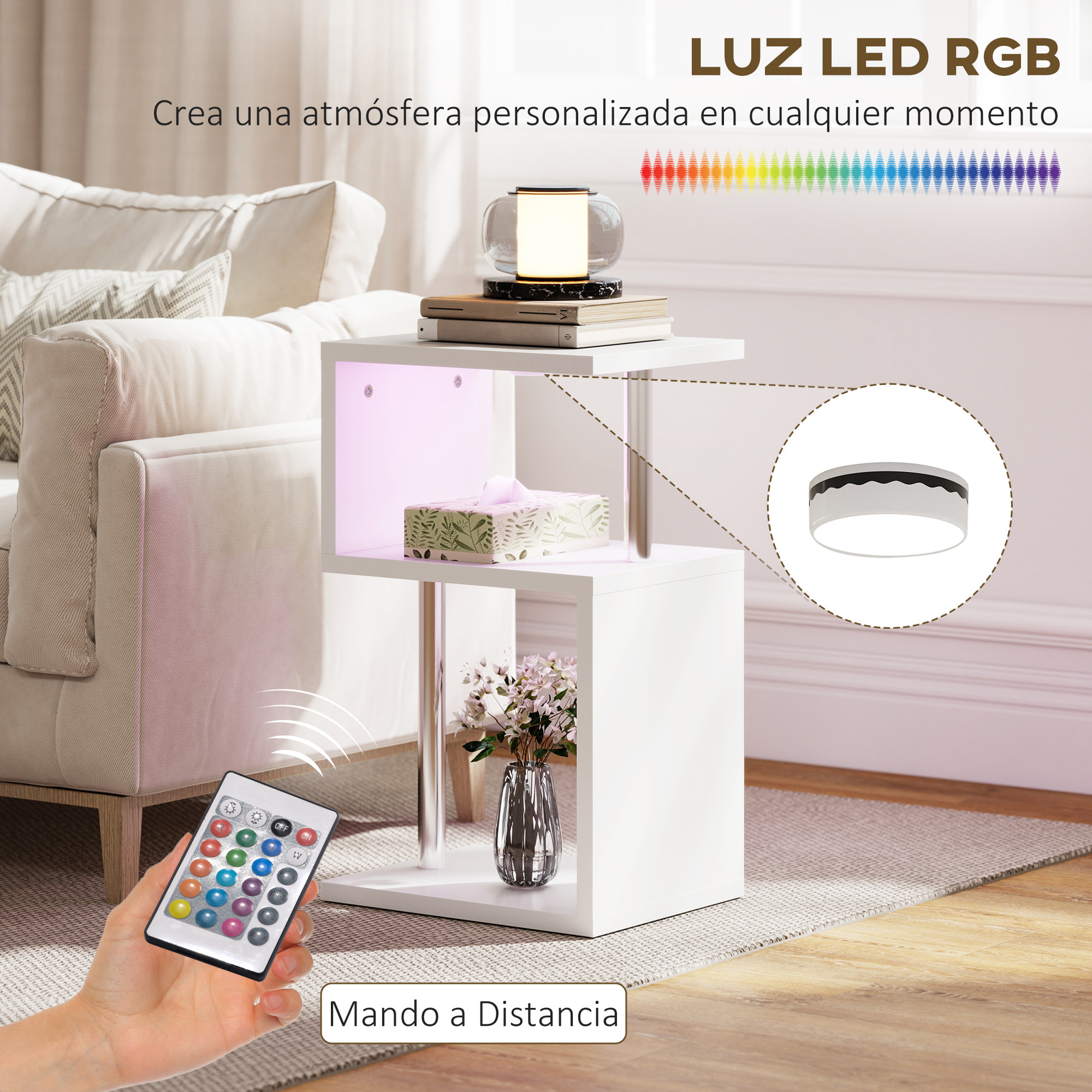 Mesa Auxiliar con Luz LED de 3 Niveles Mesita Auxiliar Moderno con Forma de S Estantes Abiertos y Estructura de Aluminio para Salón Dormitorio 44x38x75 cm Blanco Brillo