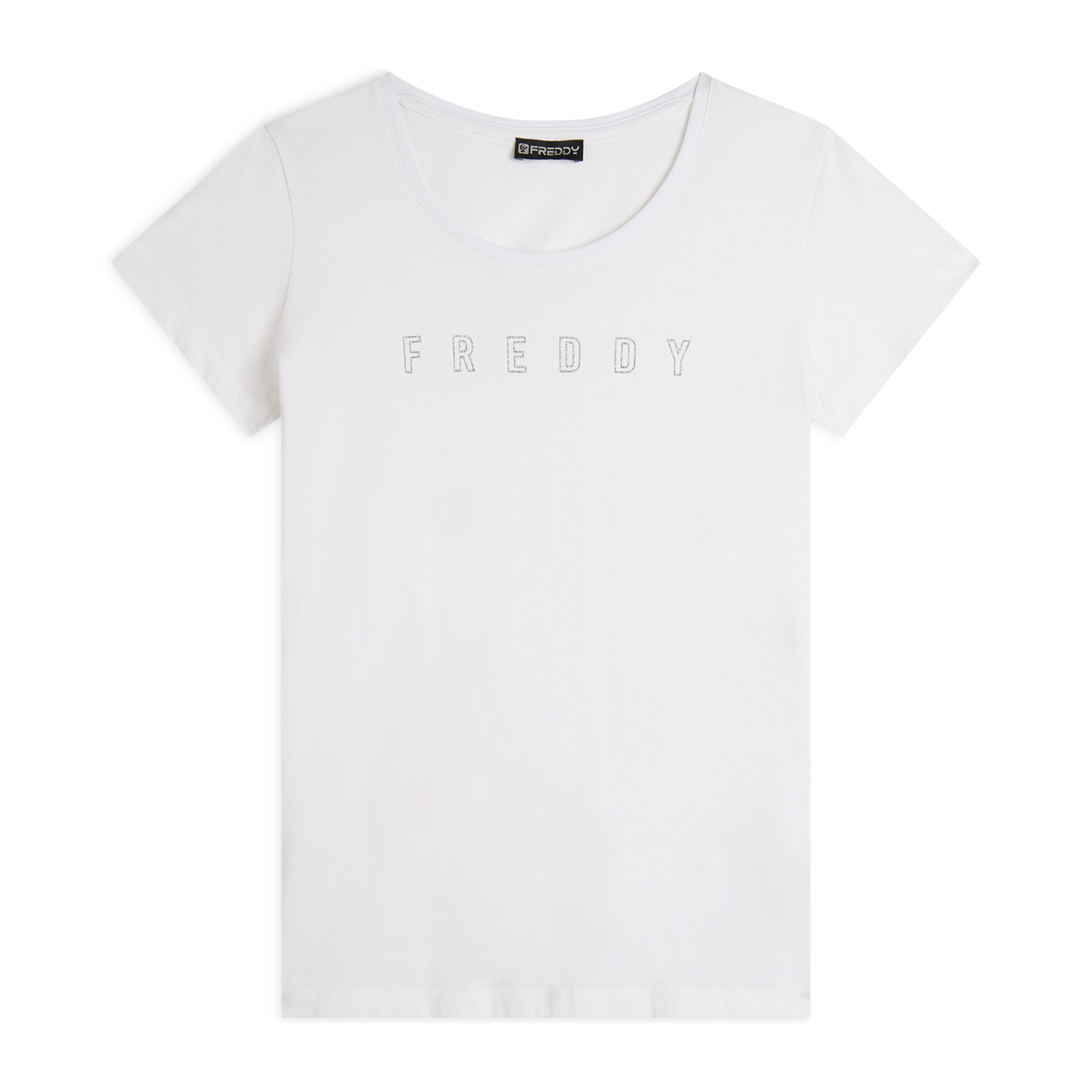 T-shirt scollo tondo con logo glitter