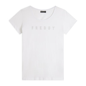 T-shirt scollo tondo con logo glitter