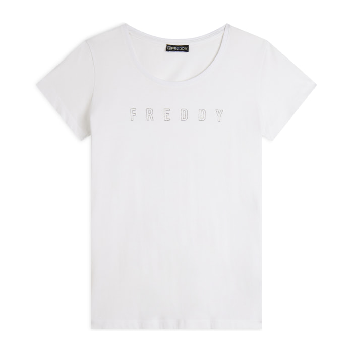 T-shirt scollo tondo con logo glitter