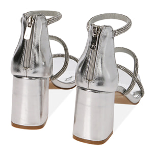 Sandalias laminadas plateadas, tacón de 7,5 cm