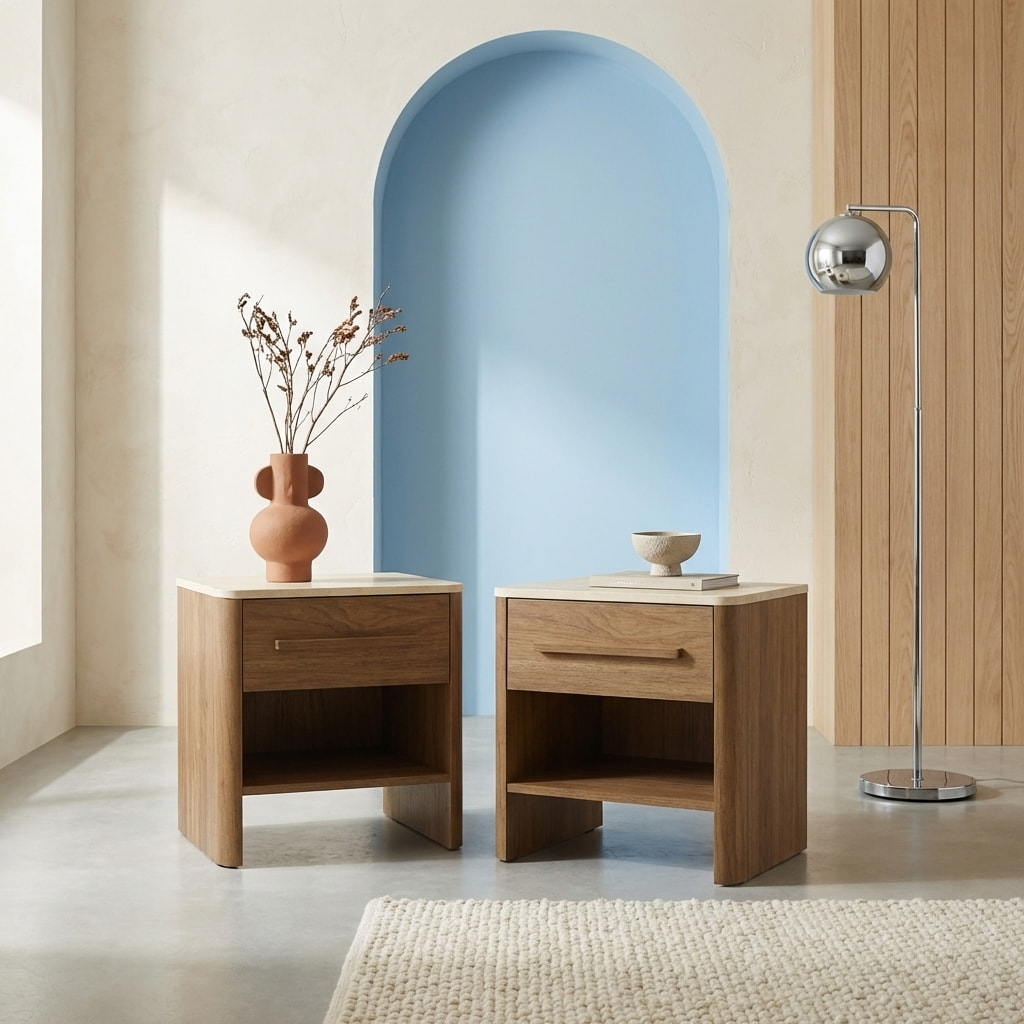 Table de chevet décor bois et effet travertin 1 tiroir (lot de 2) ARETHA