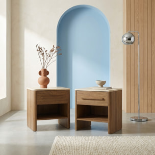 Table de chevet décor bois et effet travertin 1 tiroir (lot de 2) ARETHA