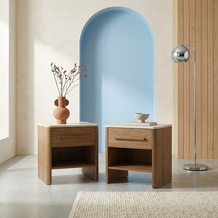 Table de chevet décor bois et effet travertin 1 tiroir (lot de 2) ARETHA