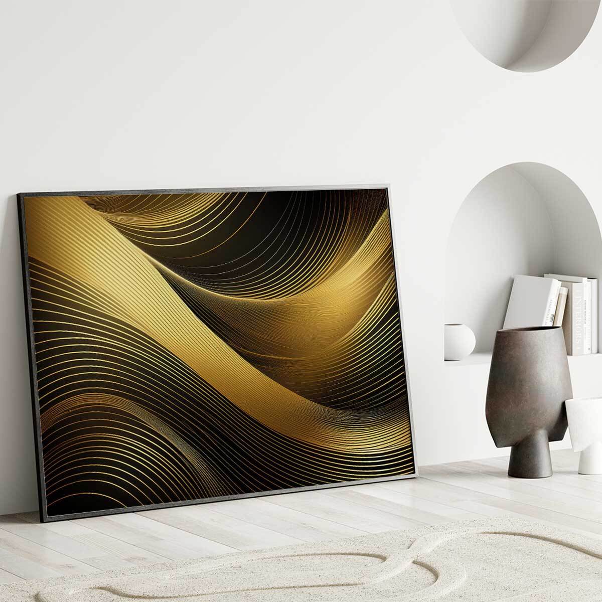 Affiche encadrée Composition abstraite noire et dorée Affiche + cadre en métal - Noir