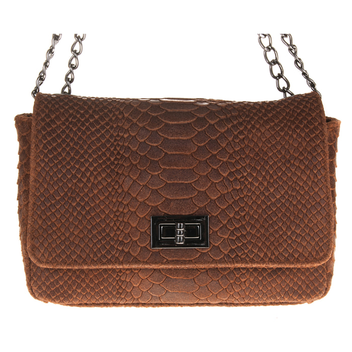FIRENZE ARTEGIANI Monteriggioni Borsa a Spalla da Donna. Vera Pelle Scamosciata Incisione Serpente Made in Italy 24x8x15 Cm. colore marrone