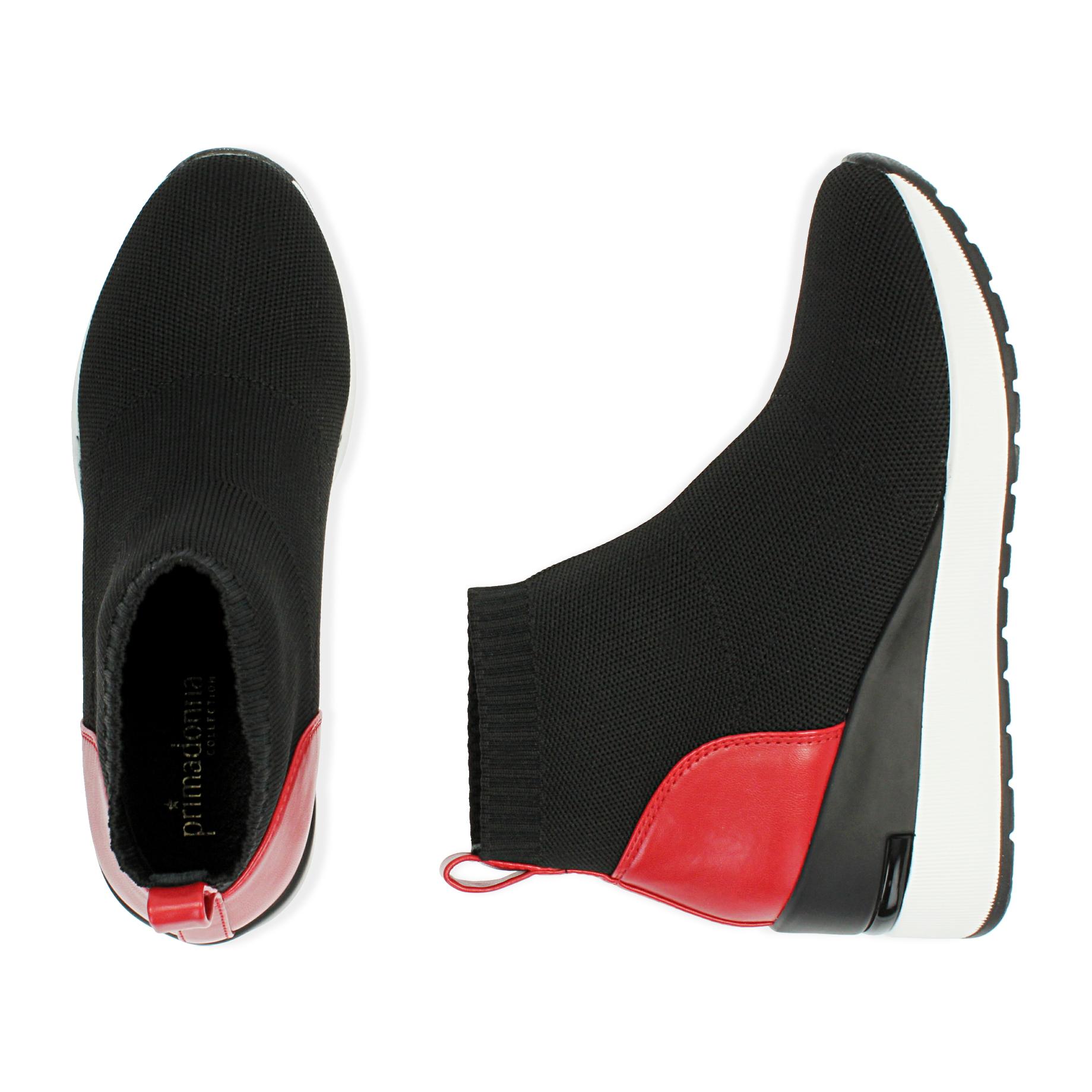 Slip-on nero/rosse in tessuto, zeppa 7 cm