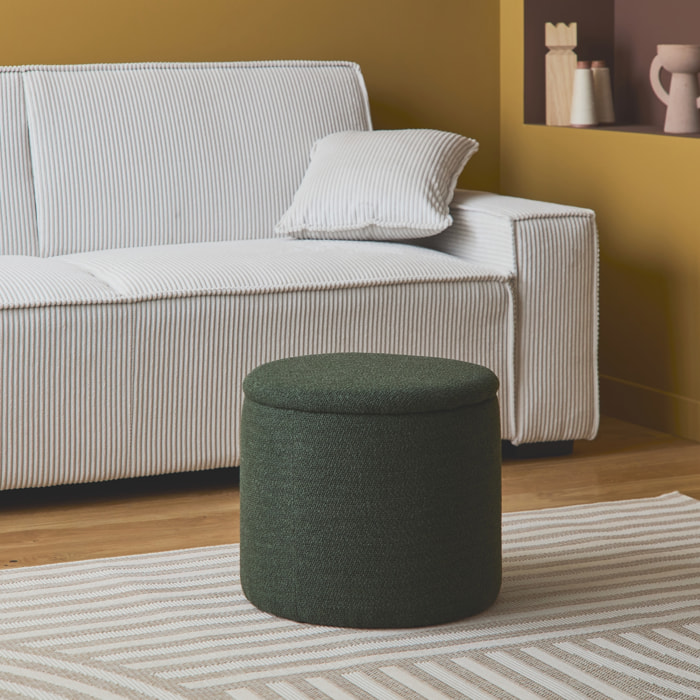 Pouf kaki foncé en tissu avec rangement pour coussins ou plaids