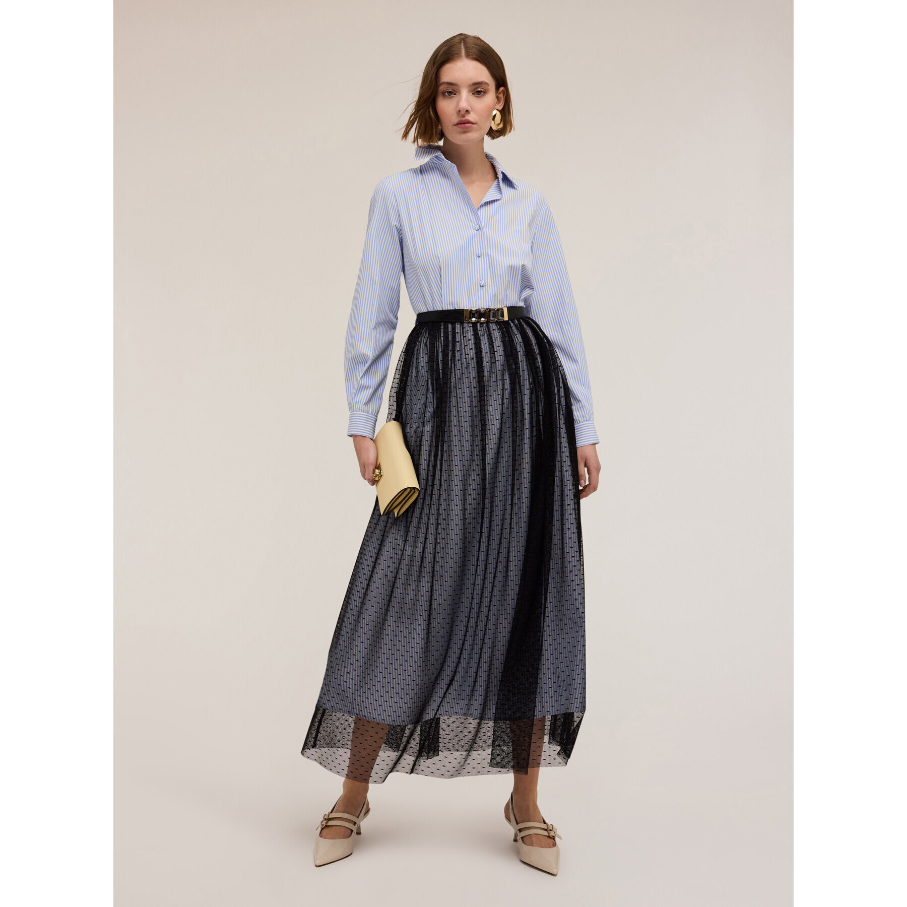 Motivi - Vestido camisero con falda de tul plumeti - Light - blue