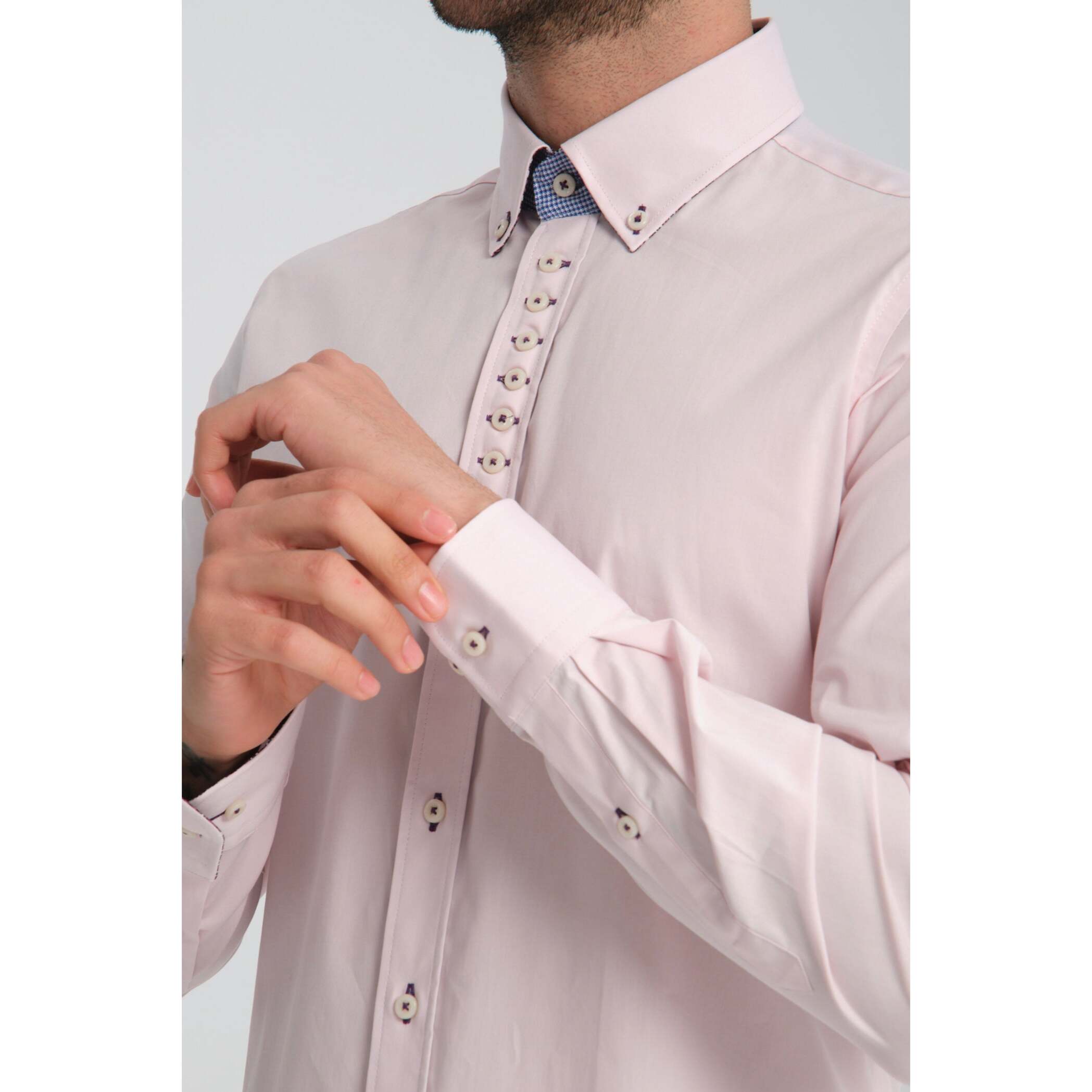 Camicia Uomo 1 Bottoni Button Down Slim Popeline Stretch Unito Rosa