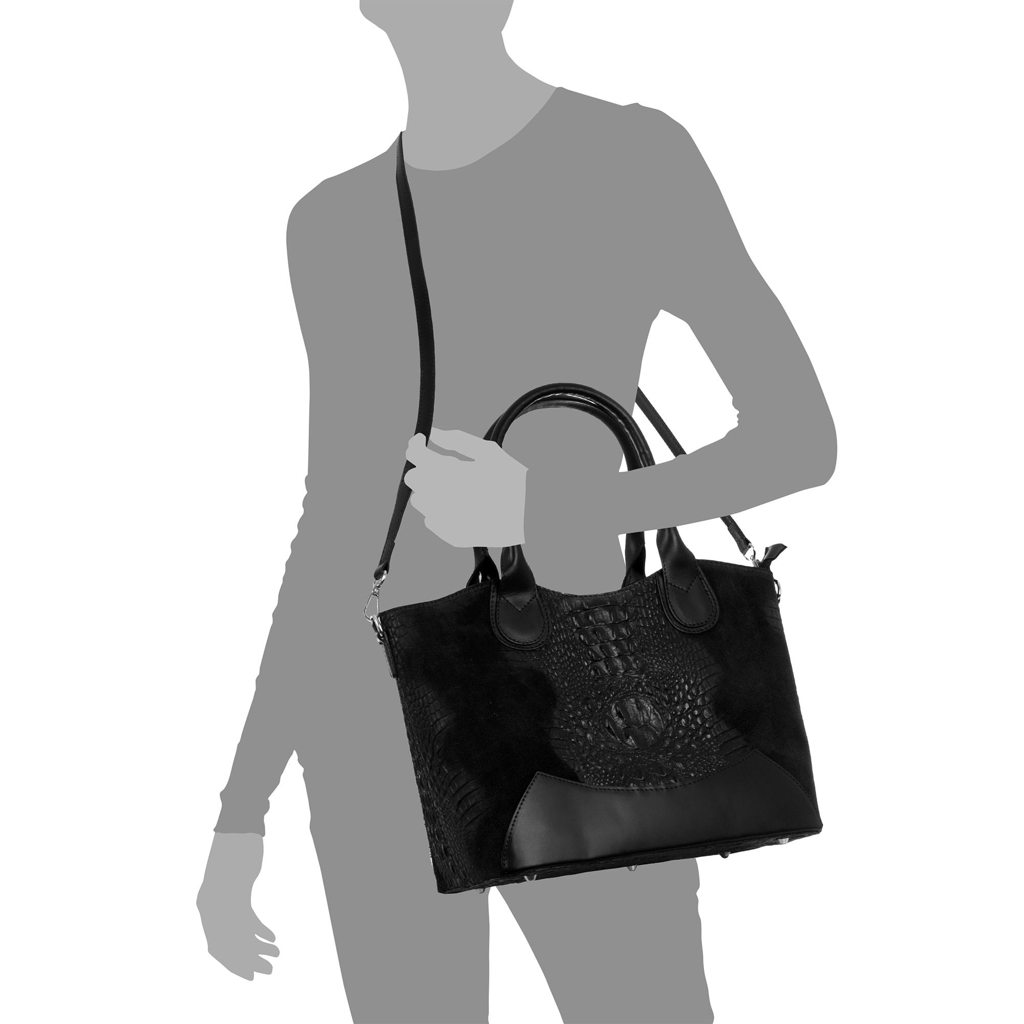 FIRENZE ARTEGIANI Borsa tote Adelfia da donna. Ruga in Coccodrillo Incisa in Vera Pelle Scamosciata Made in Italy 36x17x27 Cm. Colore nero