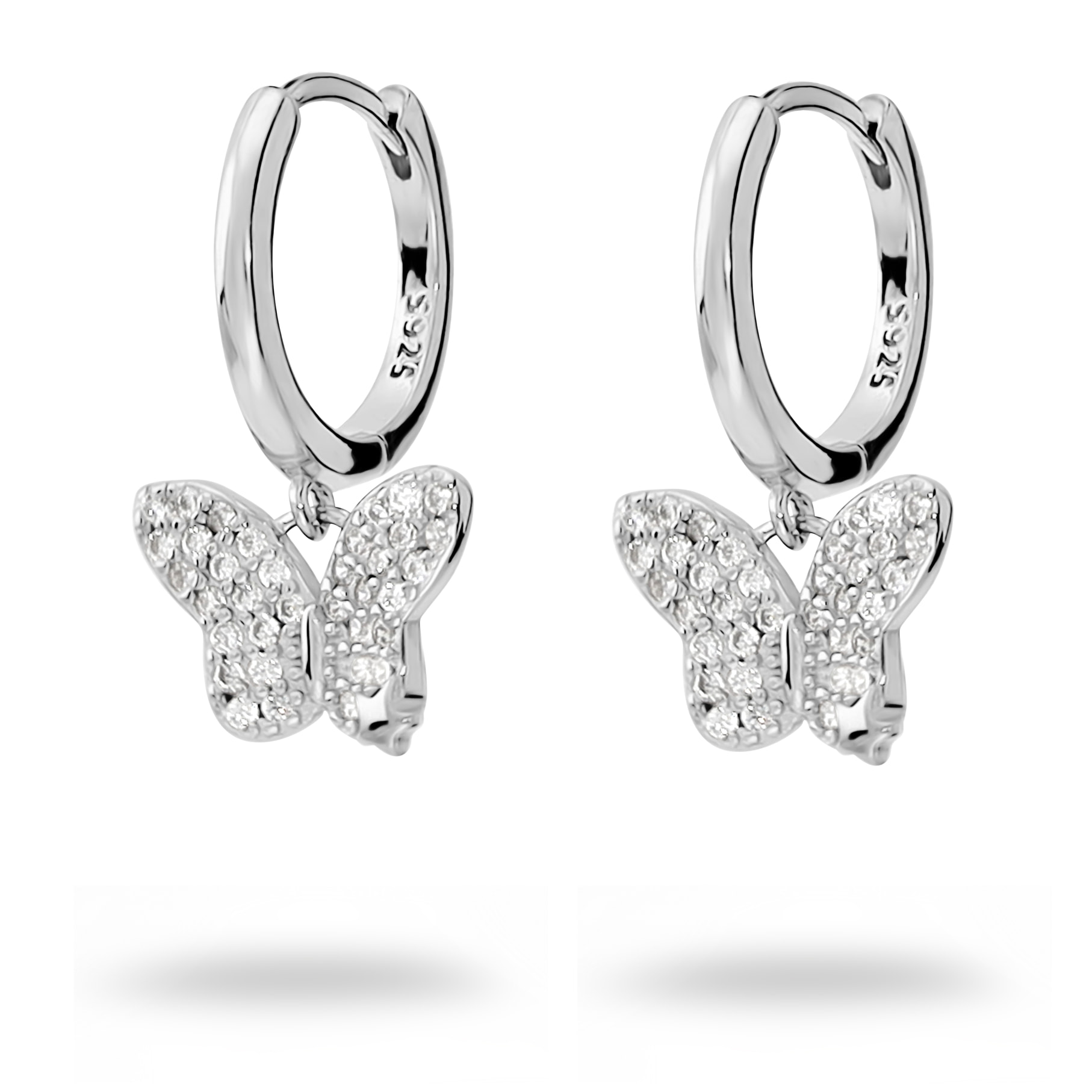 Orecchini a Cerchio in Argento 925 con Ciondolo Farfalla in Pavé di Cubic Zirconia
