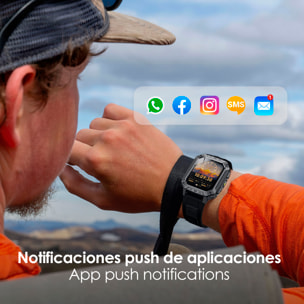 Smartwatch QS86. Con llamadas BT, batería de larga duración, modos de salud y deporte. Linterna y luz roja con aviso SOS sonoro.