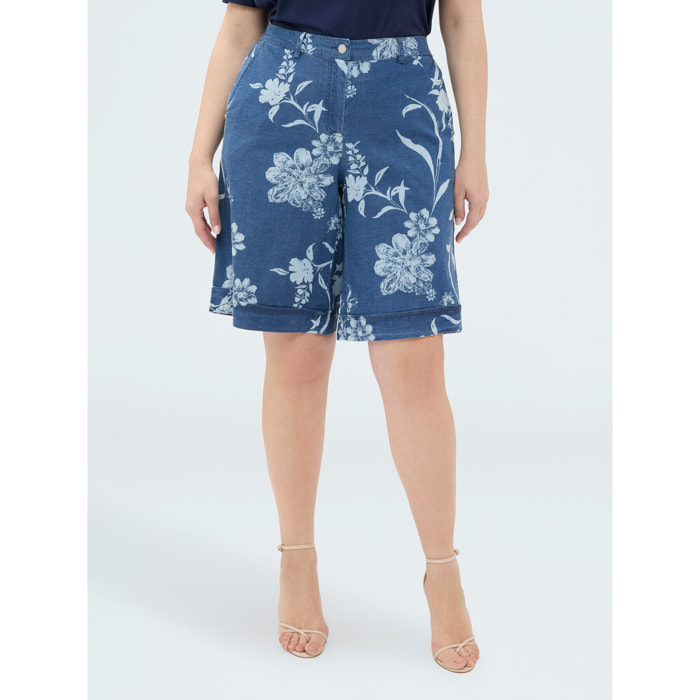 Fiorella Rubino - Bermudas de denim con estampado foliage delavé - Azul