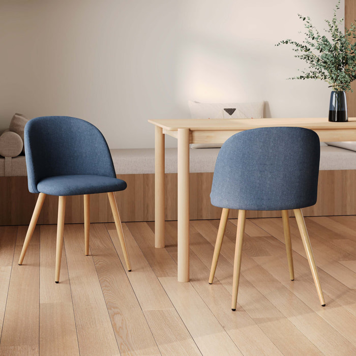 Lot de 2 chaises en tissu bleu et pieds en métal effet bois - Cozy