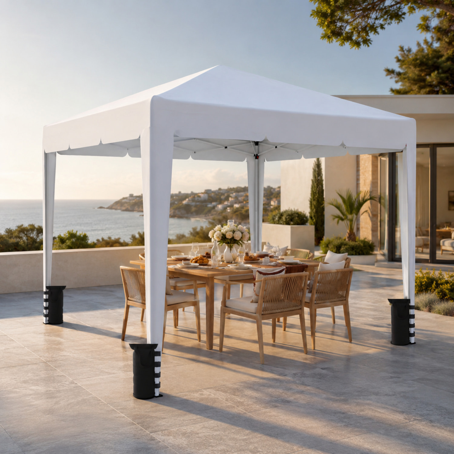 Gazebo Pieghevole Impermeabile 3 x 3 M Da Giardino Con 4 Sacche Pesi Sacca Trasporto Chiusura Fisarmonica Struttura Acciaio Copertura 160 gr/m² Bianco