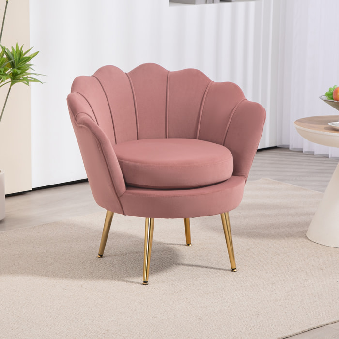 Butaca de Salón Tapizada en Terciopelo Sillón Butaca de Dormitorio con Respaldo en Forma de Concha y Patas Doradas para Comedor 76x67x74 cm Rosa