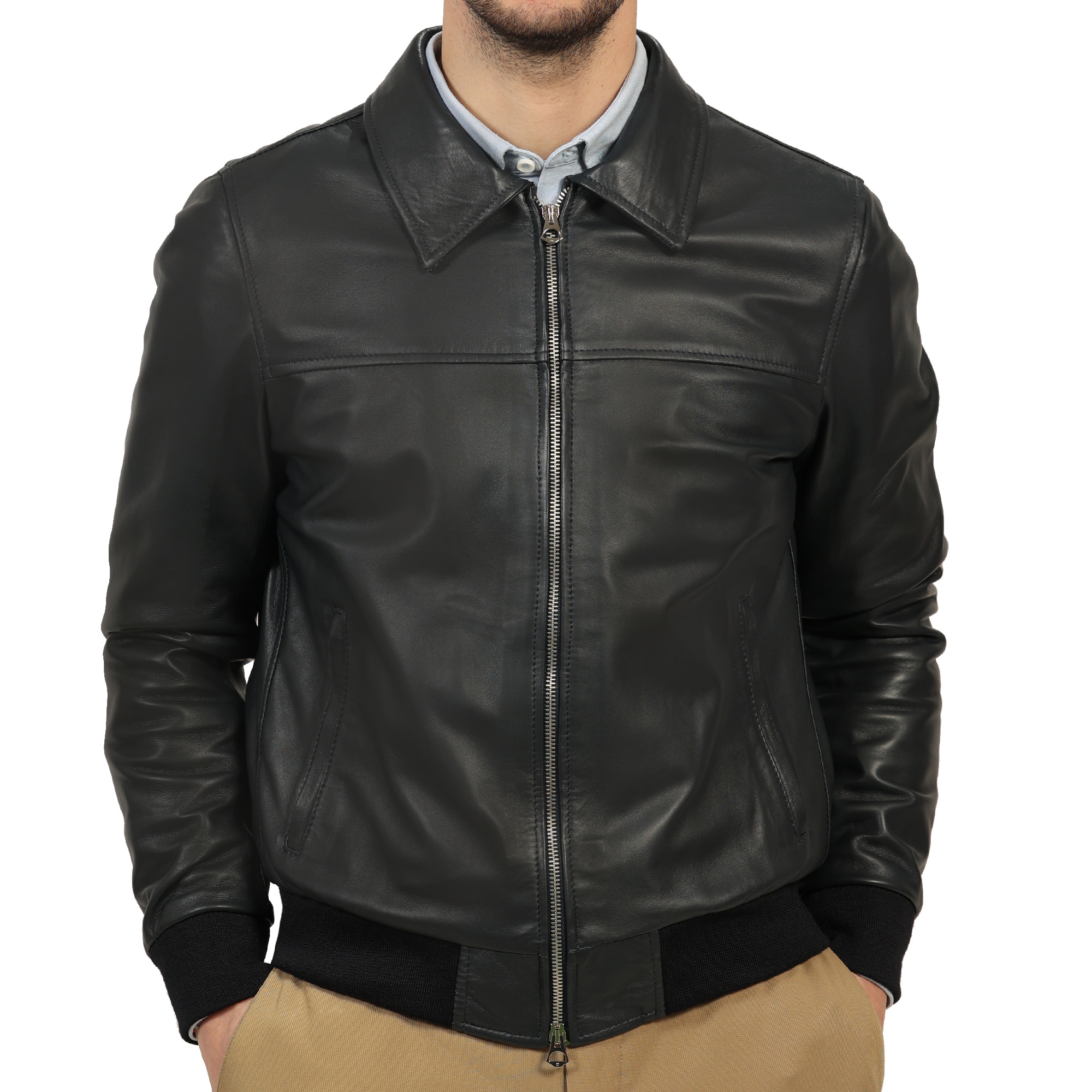 Giubbino in vera pelle di vitello Blu-Slim Fit