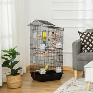 Cage à oiseaux volière dim. 46L x 36l x 100H cm - 4 mangeoires, 3 perchoirs, balançoire, 2 portes, 9 trappes, échelle, 2 jouets suspendus, plateau déjection - PP acier noir