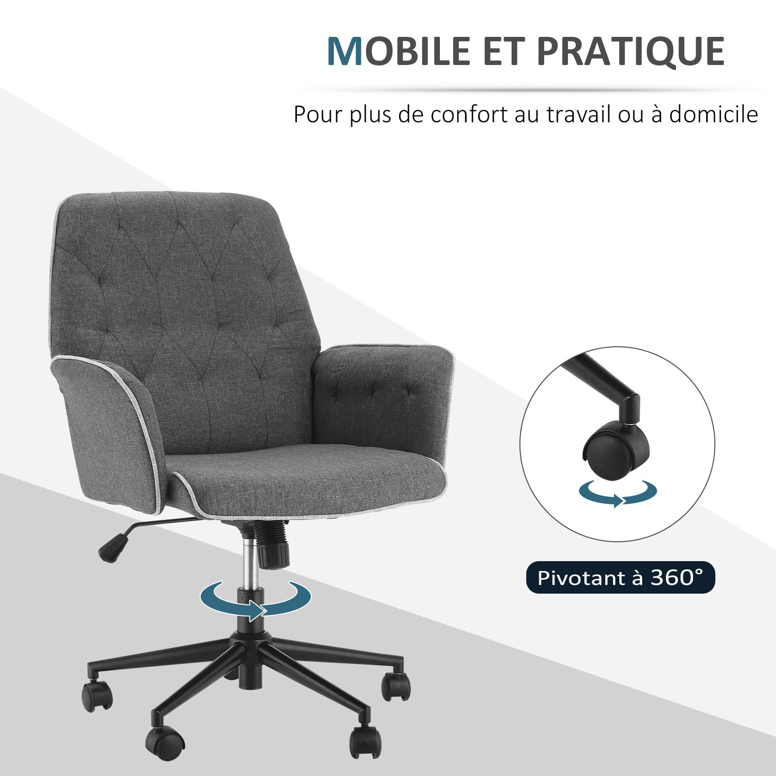 Fauteuil de bureau chaise de bureau hauteur réglable roulettes pivotant 360° tissu chanvre 69L x 66l x 89,5-97H cm gris chiné