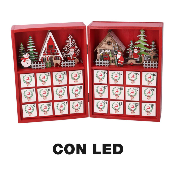 Calendario dell'avvento in legno led rosso cm36x6h24