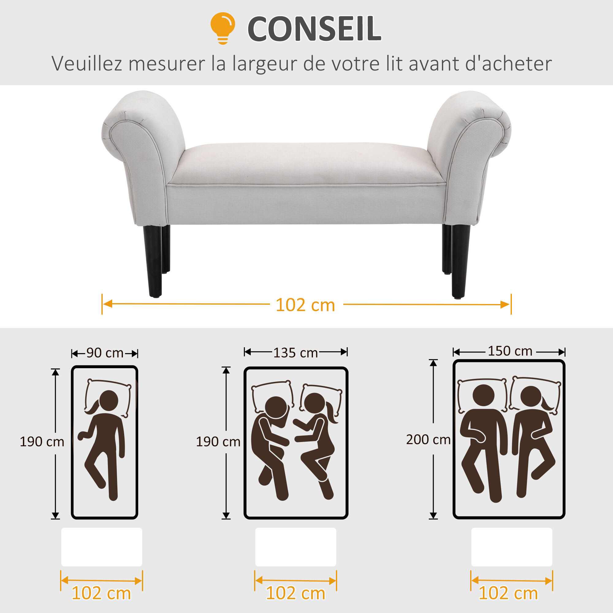Banc banquette design contemporain accoudoirs courbés grand confort 102L x 31l x 51H cm gris clair