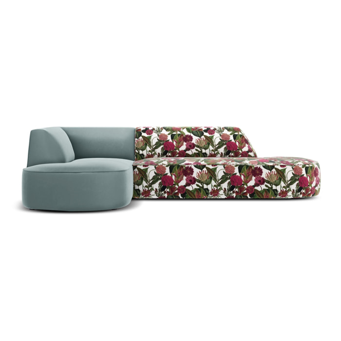 Canapé d'angle gauche ''Charles'' 4 places en velours motif de rose de jardin,menthe