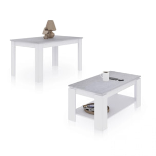 Pack mesa de comedor 140 y mesa de centro Lya Blanco Artik (Blanco Mate) - Gris Cemento