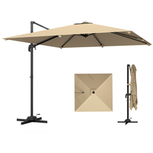Parasol déporté pivotant inclinable 3 x 3 m alu métal polyester kaki