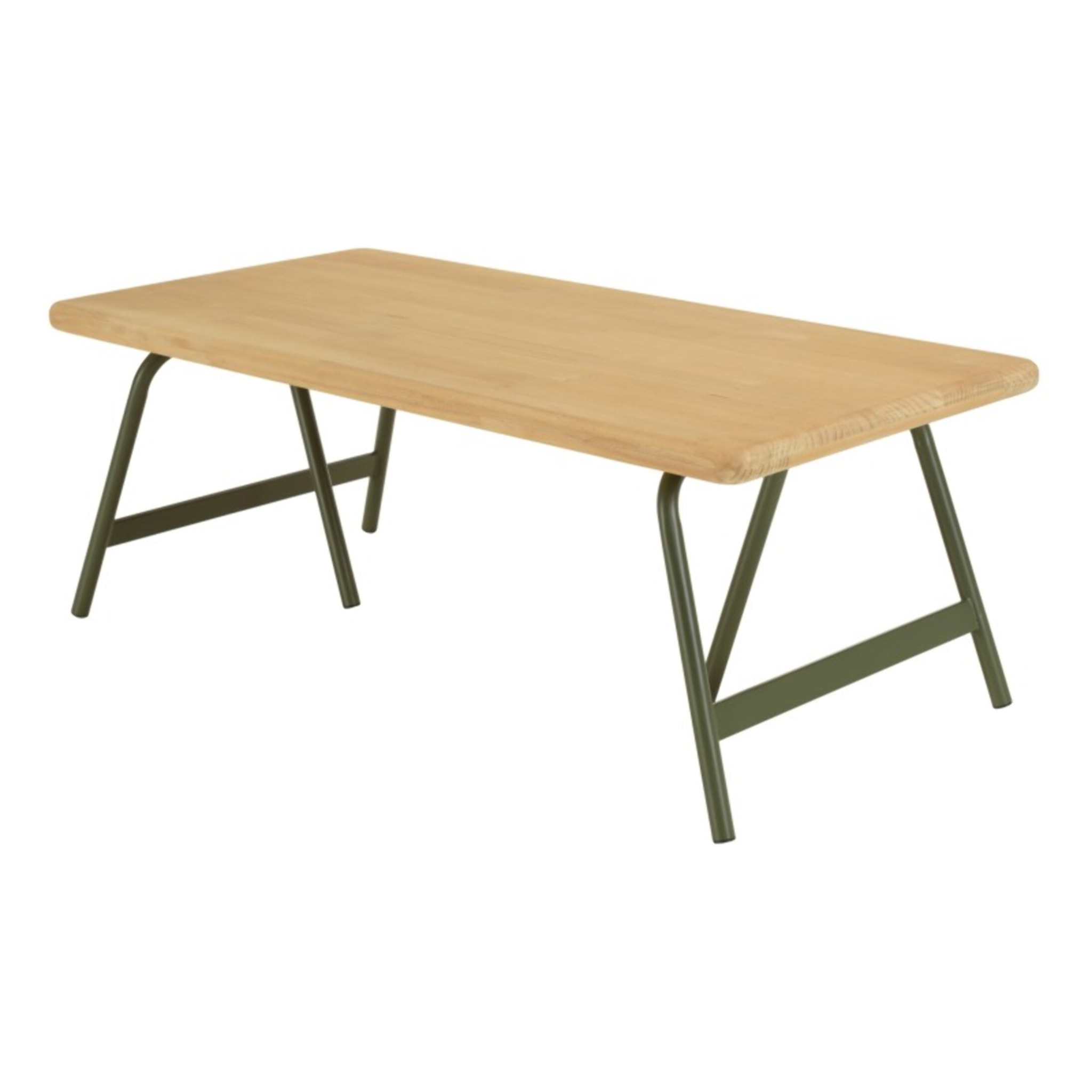 HELENA - Table basse plateau en pin et pieds tréteaux en métal vert