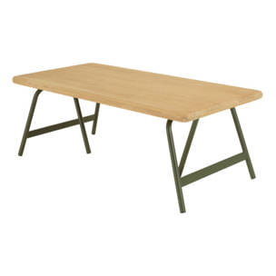 HELENA - Table basse plateau en pin et pieds tréteaux en métal vert