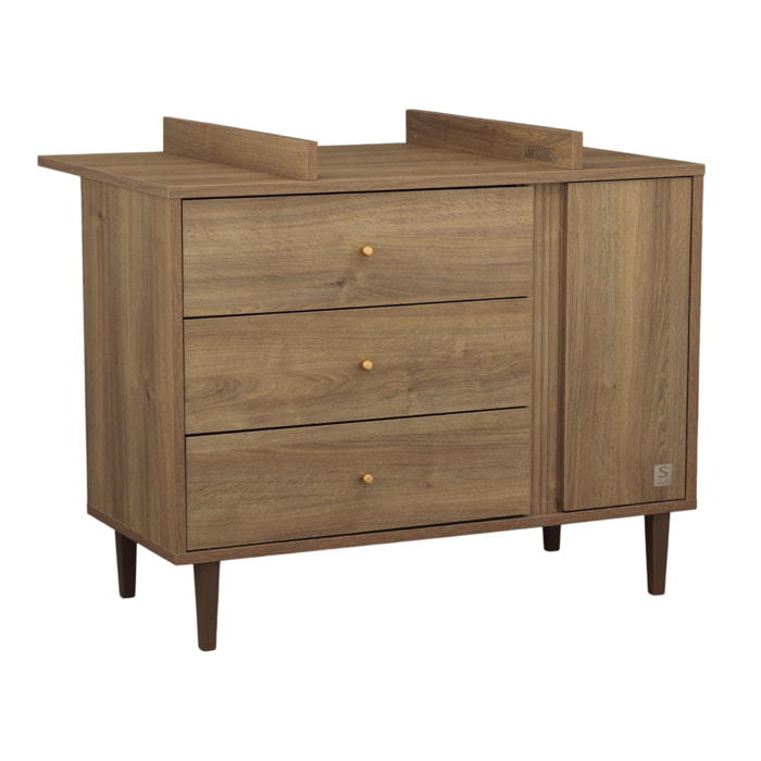 Commode 3 tiroirs et 1 porte avec détail imitation bois texturé et pieds bois