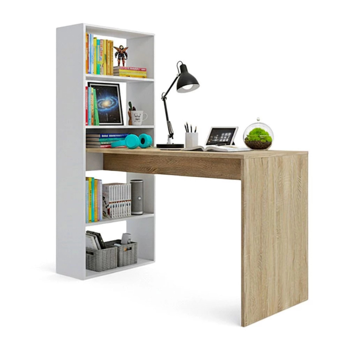 Mesa de escritorio con estantería Cosmic en blanco artik roble canadian 120 x 144 cm Blanco Artik (Blanco Mate) - Roble Canadian