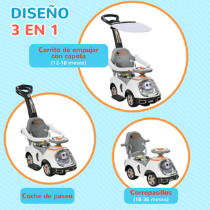 Coche Correpasillos 3 en 1 para Niños 12-36 Meses, Correpasillos con Espacio de Almacenaje, Diseño de Robot con Ojos Luminosos, Música, Bocina, Asa de Empuje y Toldo Extraíbles, Blanco
