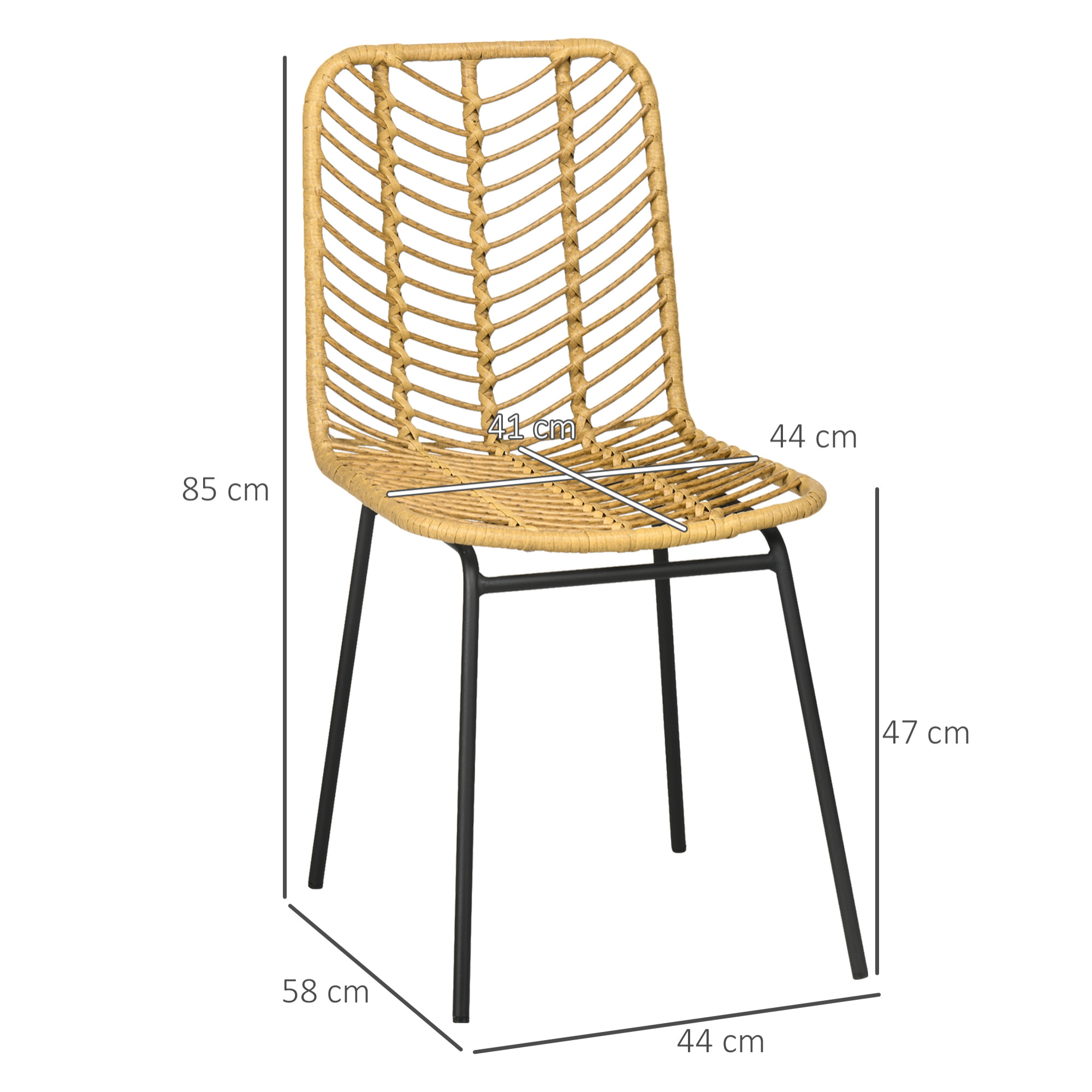 Pack de 2 Sillas de Comedor de Ratán Sintético Sillas de Cocina de Mimbre con Patas de Acero para Salón Dormitorio Carga 120 kg 44x58x85 cm Natural