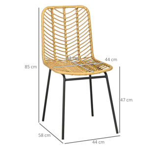 Pack de 2 Sillas de Comedor de Ratán Sintético Sillas de Cocina de Mimbre con Patas de Acero para Salón Dormitorio Carga 120 kg 44x58x85 cm Natural