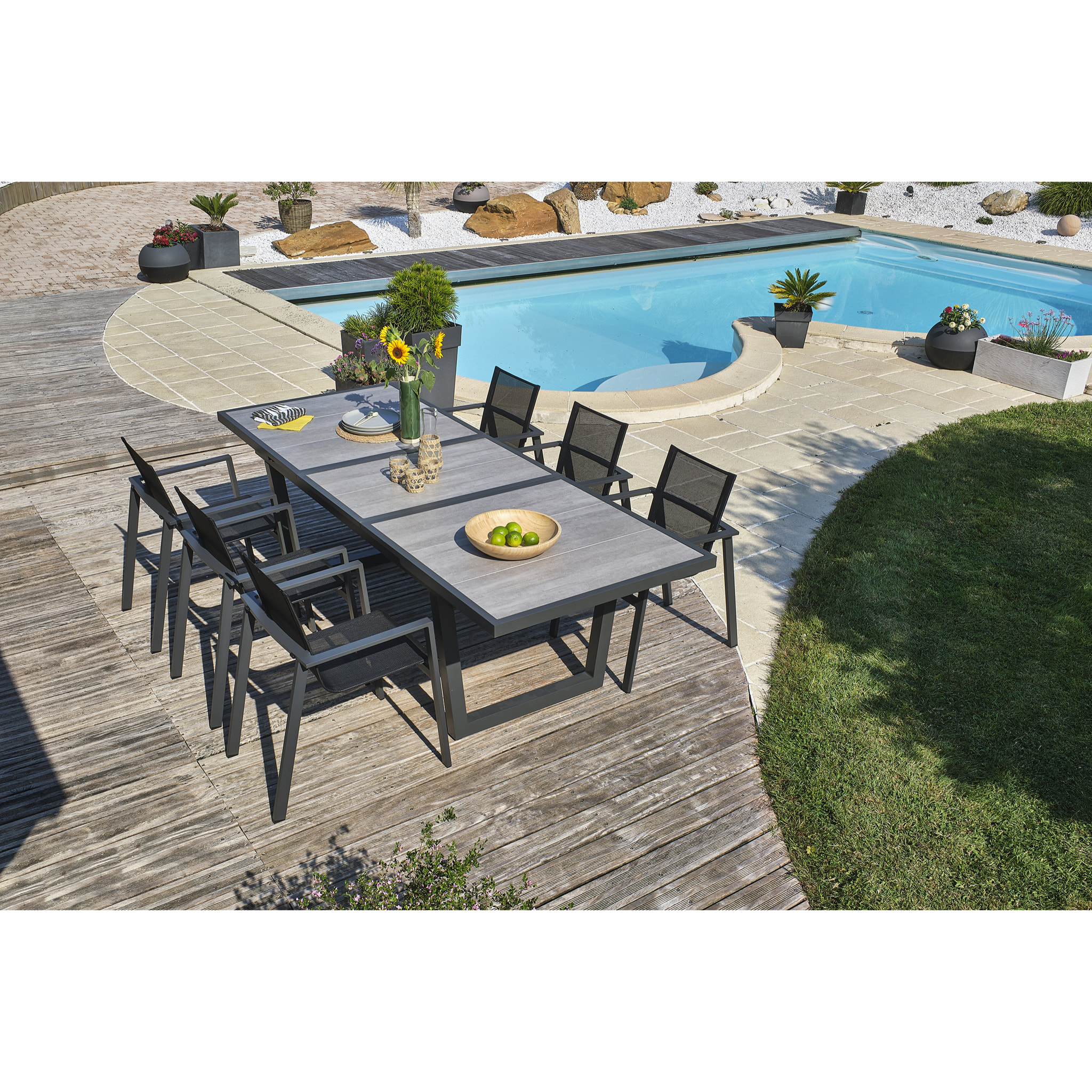 OLHOS - Ensemble repas 6 places en aluminium et plateau céramique