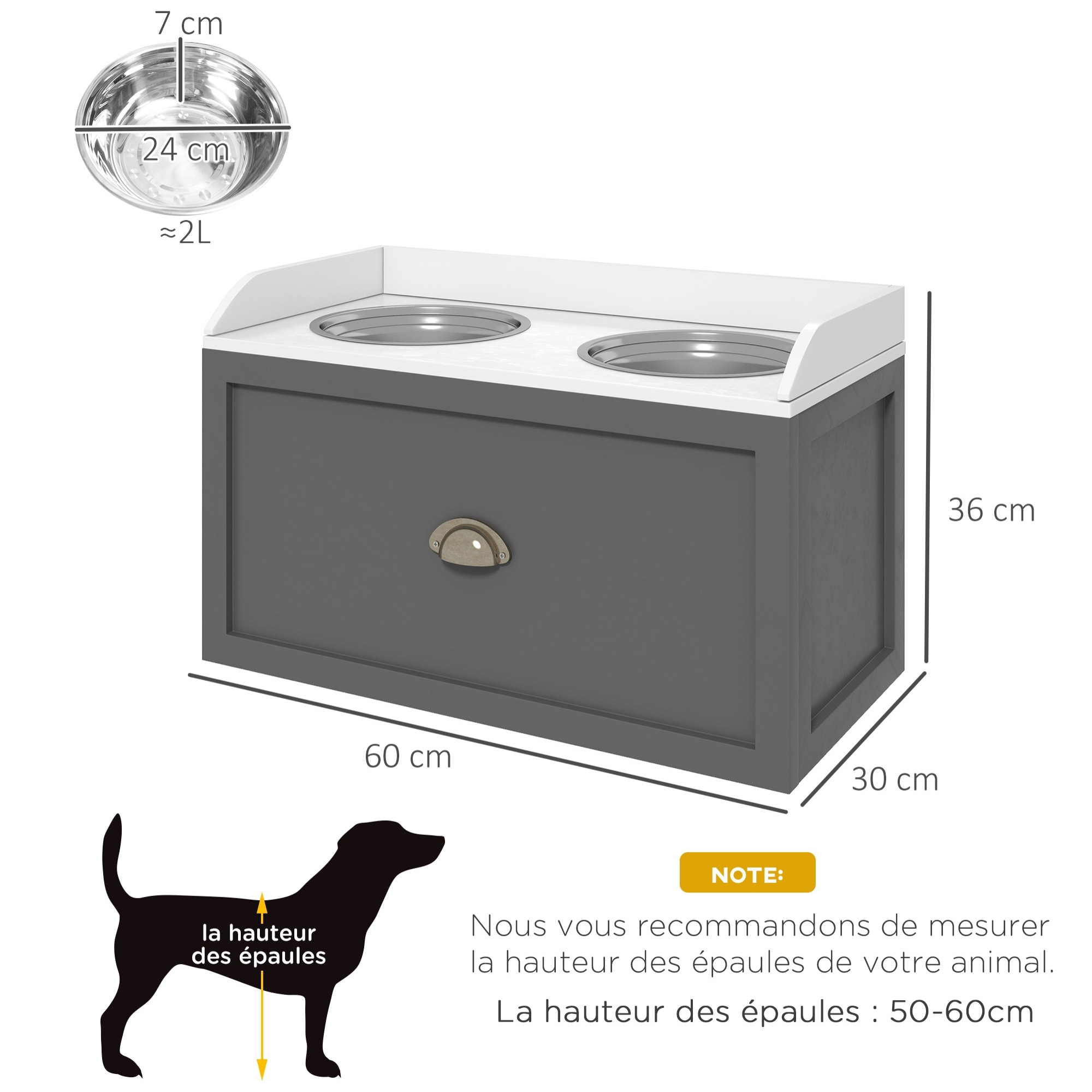 Gamelle double chien chat - porte-gamelles surélevé rangement 2 en 1 - tiroir, 2 gamelles - acier inox. MDF gris blanc