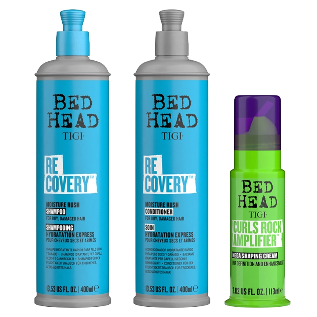 TIGI Kit Bed Head Idratante Recovery Moisture Rush Shampoo 400ml + Conditioner 400ml + Curls Rock 113ml