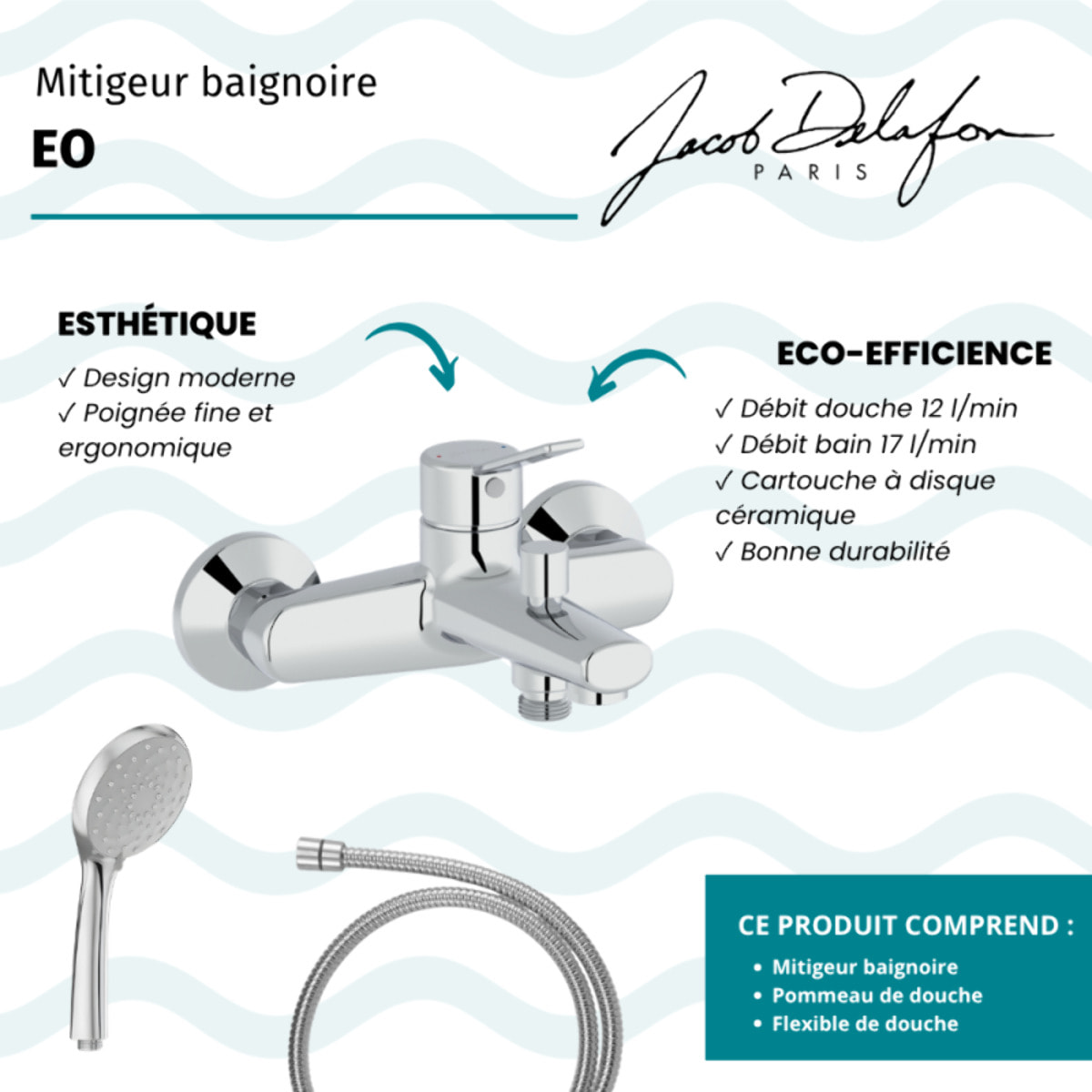 Mitigeur baignoire Eo + pommeau de douche Awaken + flexible de douche métal + colonnettes Idro'Flex