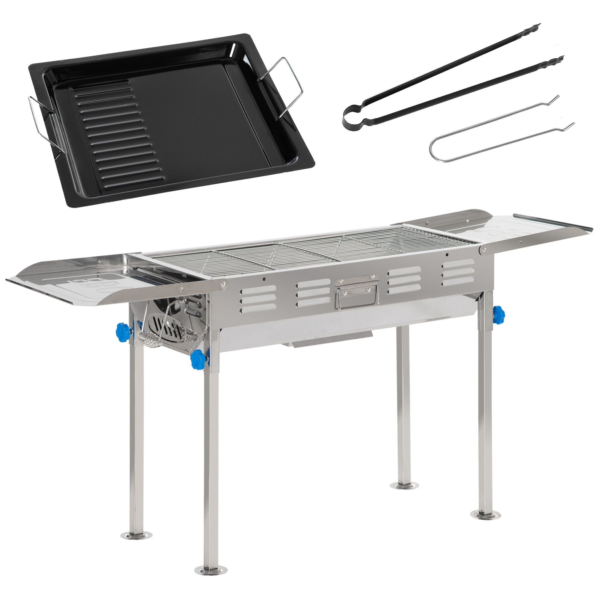 Barbecue à charbon pliable portable réglable BBQ grill sur pied avec tablettes rabattables, grille, plaque teppanyaki, pinces, récupérateur cendres acier inox.