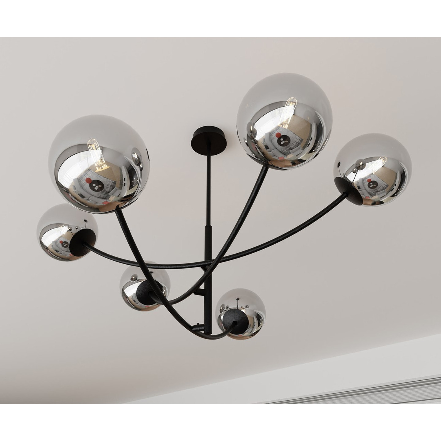 Lampada a sospensione Hunter con struttura in acciaio nero e diffusori in vetro
