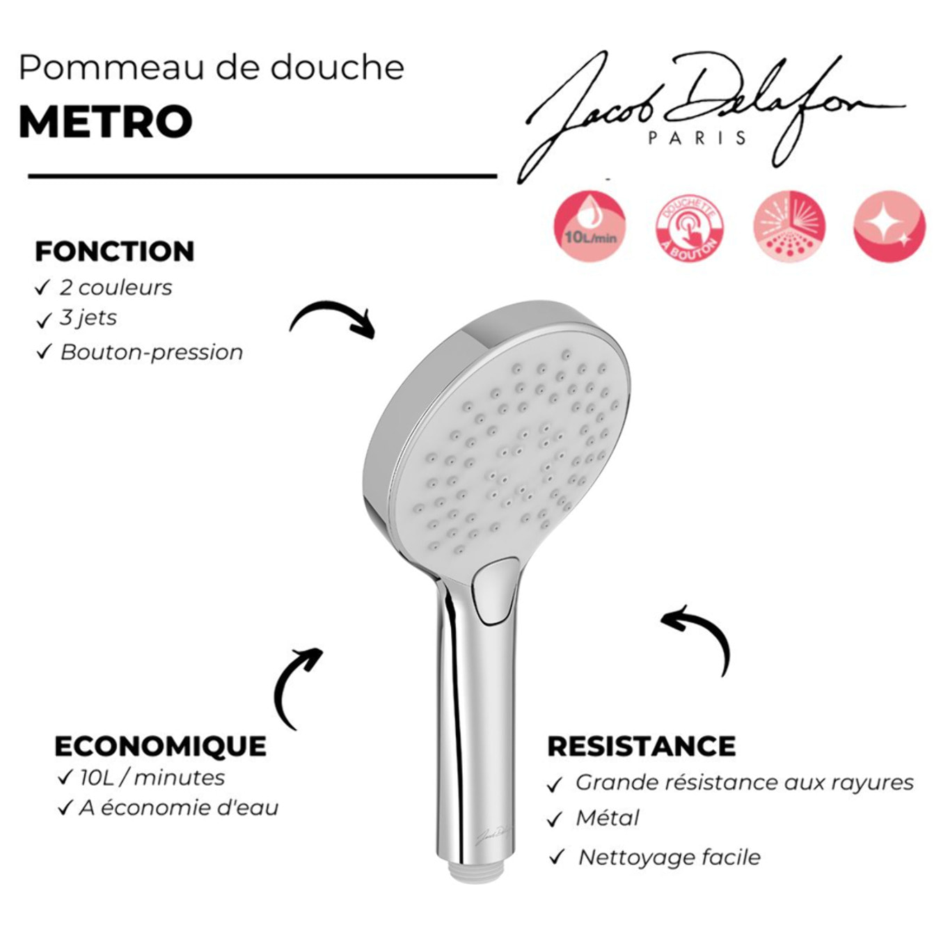 Pommeau de douche Metro chrome, 3 jets Economie d'eau