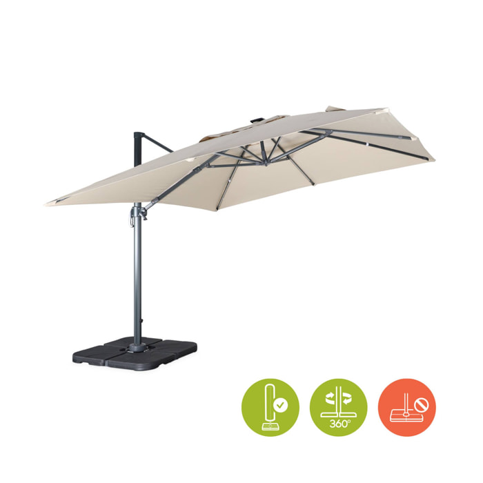 Parasol déporté solaire LED 3x3m Luce beige avec lumière intégrée + housse