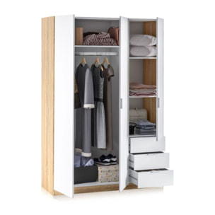 Armario Hexa 3 puertas 3 cajones Blanco Artik (Blanco Mate) - Roble Canadian