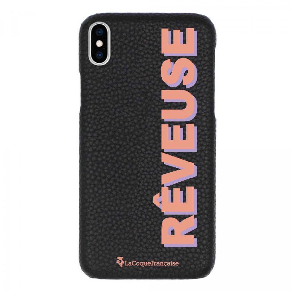 Coque iPhone X/XS effet cuir grainé noir Rêveuse corail et parme Design La Coque Francaise