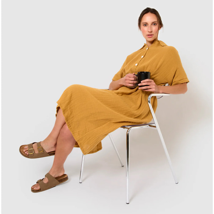 Vestido midi manga fluida muselina ocre