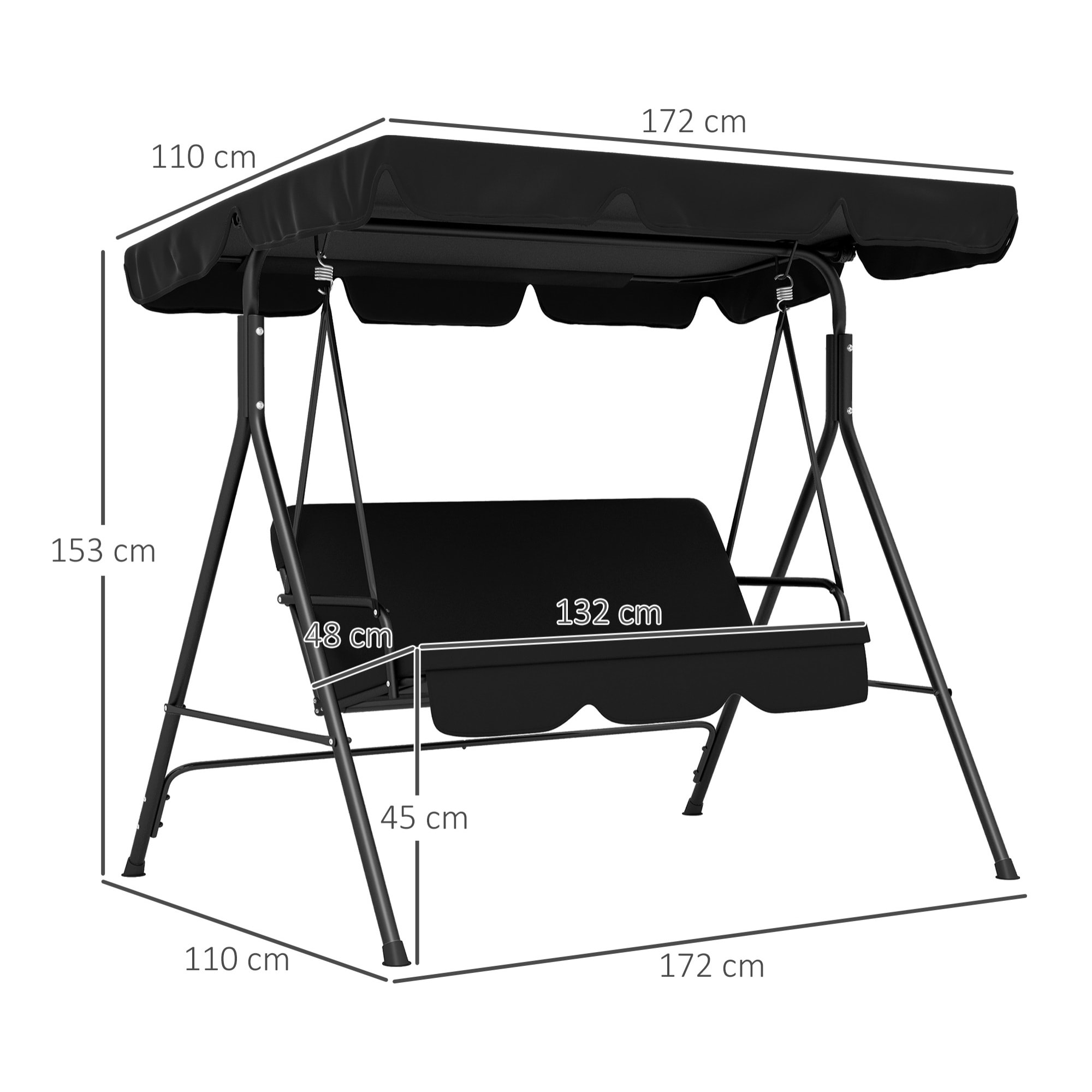 Columpio de Jardín de 3 Plazas Balancín Exterior con Techo Ajustable y Marco de Acero para Balcón Terraza Patio Carga 200 kg 172x110x153 cm Negro