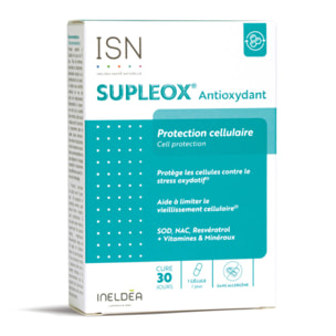 ISN - Supleox Antioxydant - A base de Resvératrol, NAC, SOD, vitamines C & E - Aide à protéger les cellules contre le stress oxydatif - Cure 30 jours