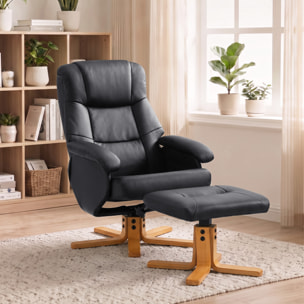 Fauteuil relax inclinable pivotant avec repose-pied piètement bois clair synthétique noir